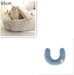 Round plush pet bed, light gray with U-shaped cat insert in blue, 65cm