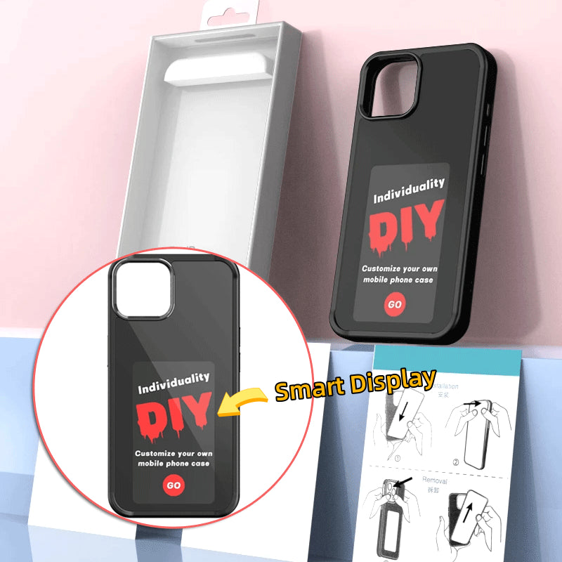Black NFC smart display phone case with square window and DIY graphic