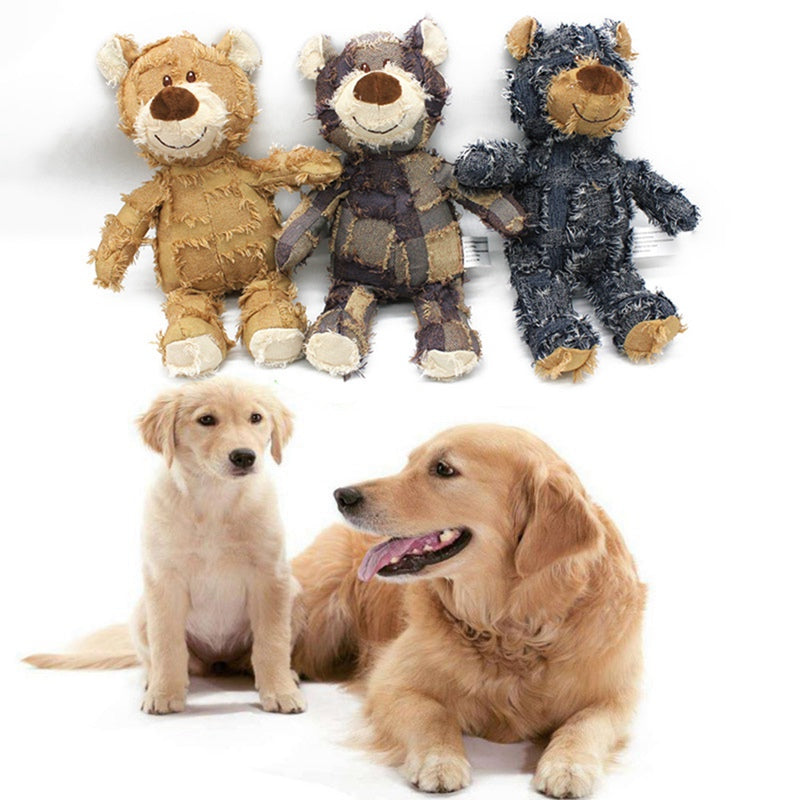 Bear-shaped dog plush toy set, tan, dark gray, and navy blue