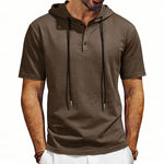 Men's short-sleeve hoodie Henley T-shirt with drawstring, brown color