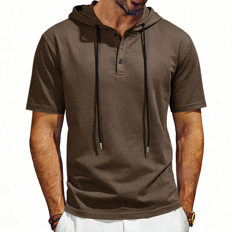 Men's short-sleeve hoodie Henley T-shirt with drawstring, brown color