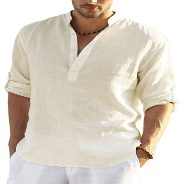 Men's cotton-linen long-sleeve shirt, off-white stand collar with button placket