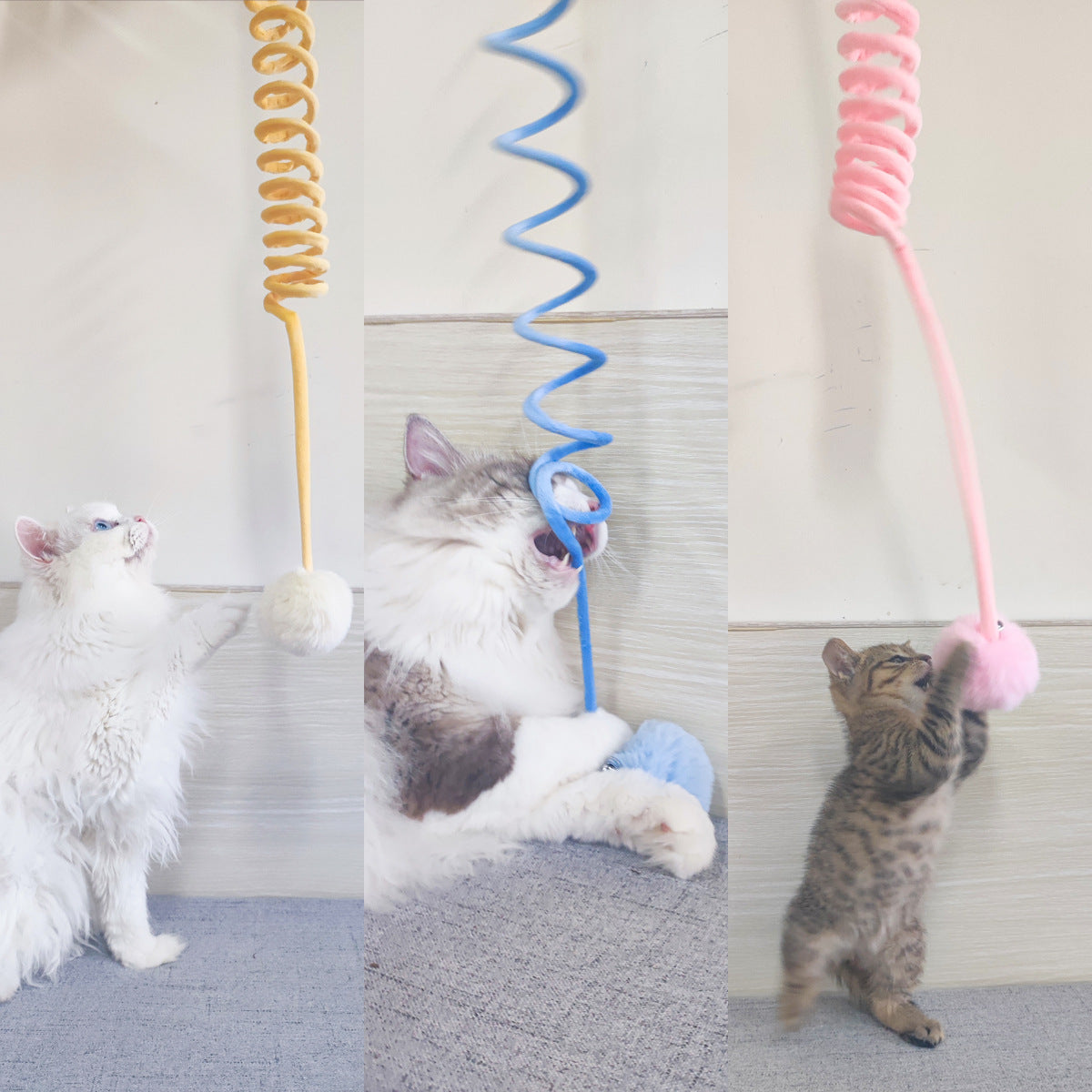 Cat spring toy wand with blue coil and plush pom ball