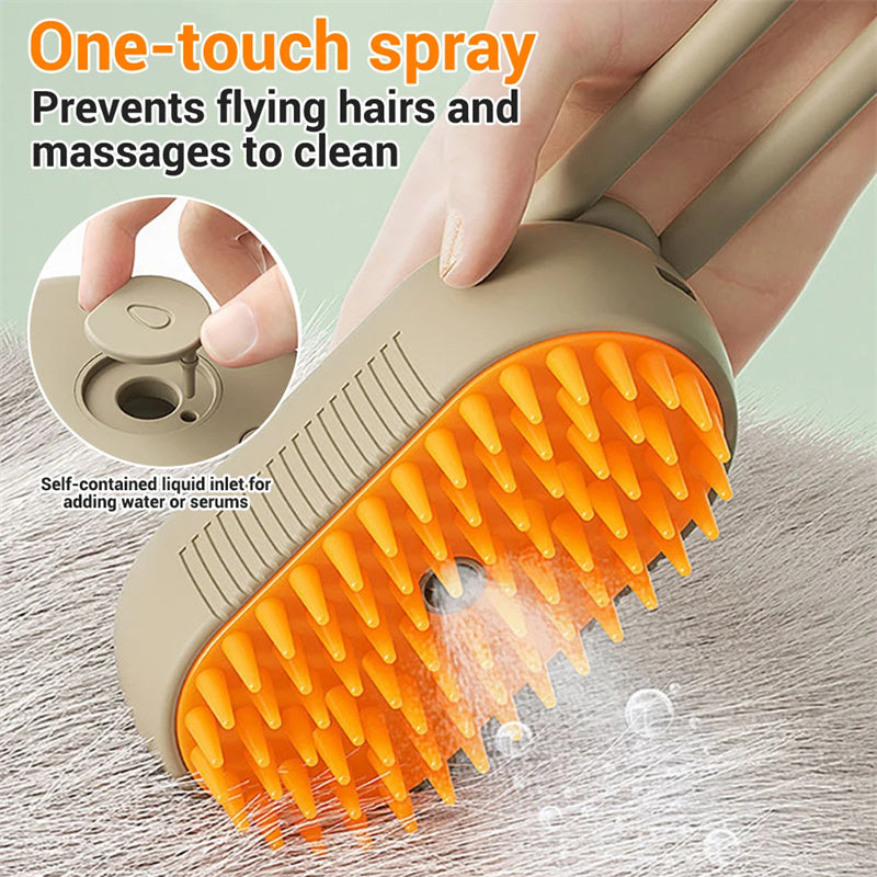 Electric steam pet brush with orange bristle head and beige sprayer casing