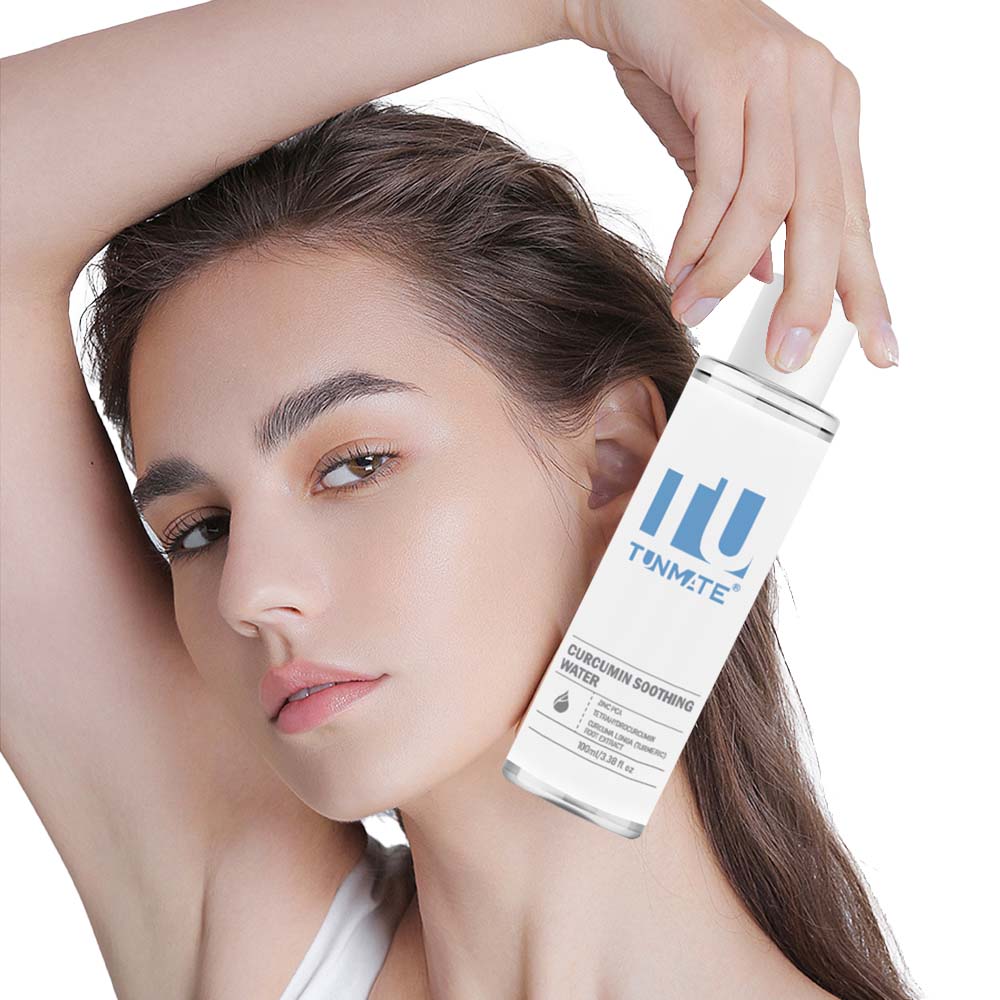 Tunmate toner bottle held near a woman’s cheek and forehead, white cap visible