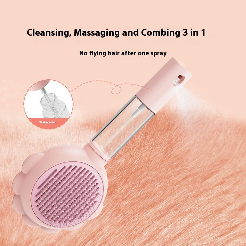 Pet grooming spray comb with open nozzle tank and round bristle brush head