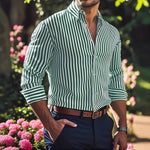 Men's striped button-up shirt, spread collar, long sleeves, vertical green-and-white stripes