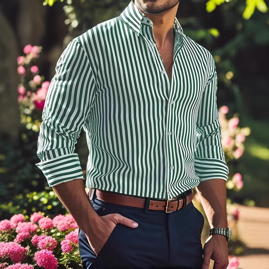 Men's striped button-up shirt, spread collar, long sleeves, vertical green-and-white stripes
