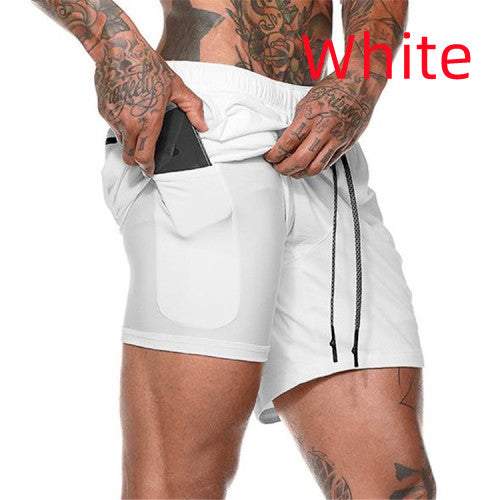 Men's white two-layer compression shorts with front pouch pocket and drawstring waist