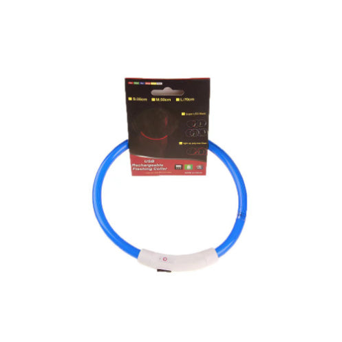 USB rechargeable flashing LED pet collar on display with blue light ring