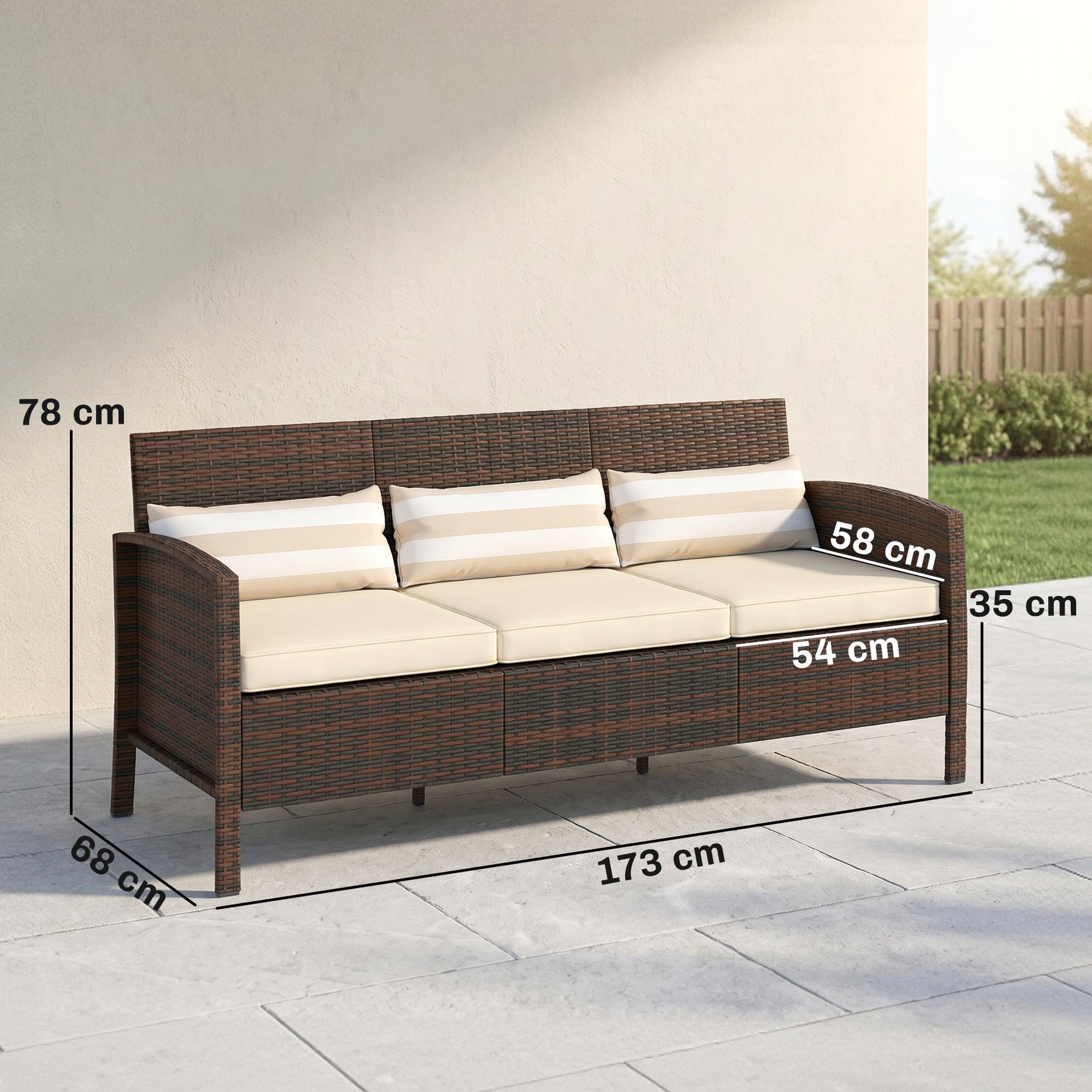 Rattan Sofa Mit Kissen, Dreisitzer, Garten Loungesofa, Stahl, Braun, 173 X 68 X 78 Cm