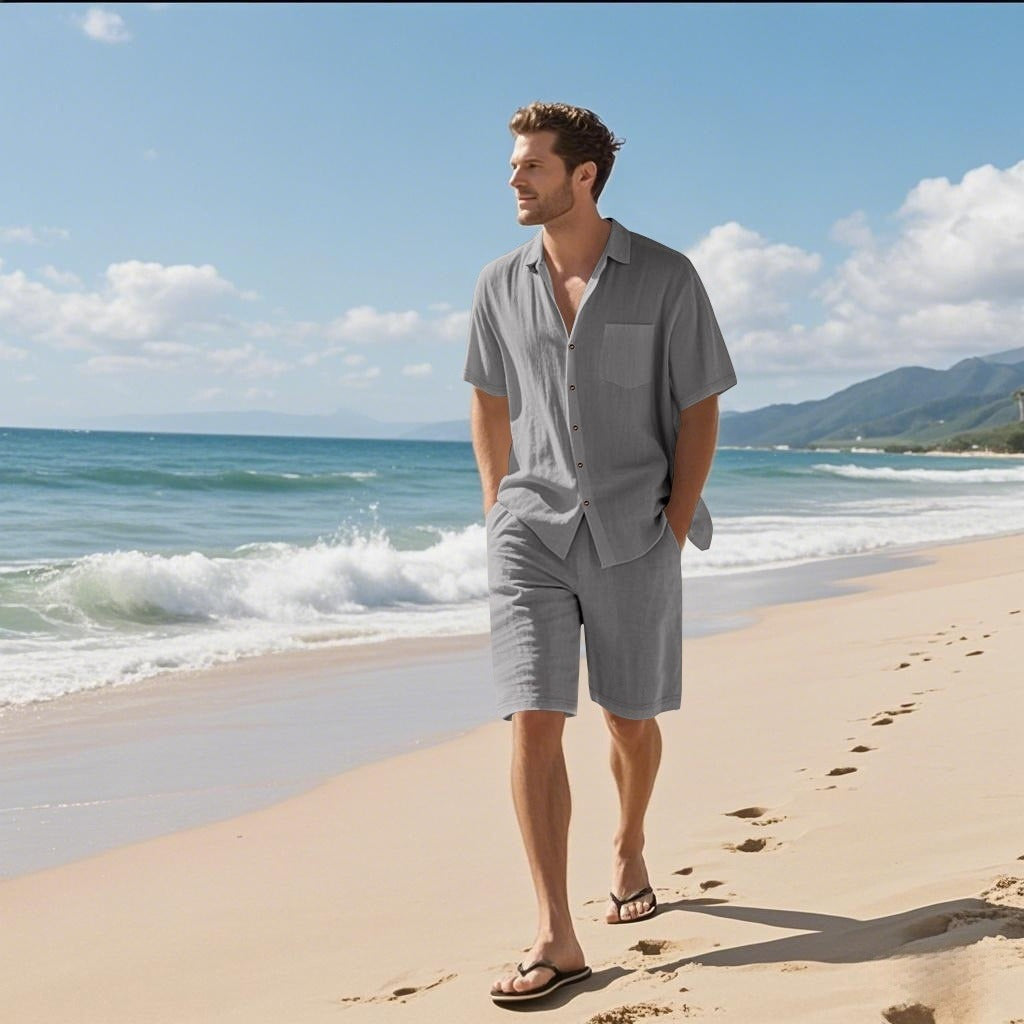Gray linen short-sleeve shirt and matching shorts set with open collar and pocket