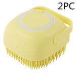 Yellow silicone pet bath massage brush with circular pad and short rubber bristles, 2 pack
