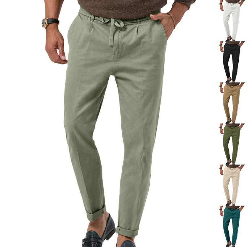 Men's drawstring straight pants in sage green, high waist and ankle cuffs