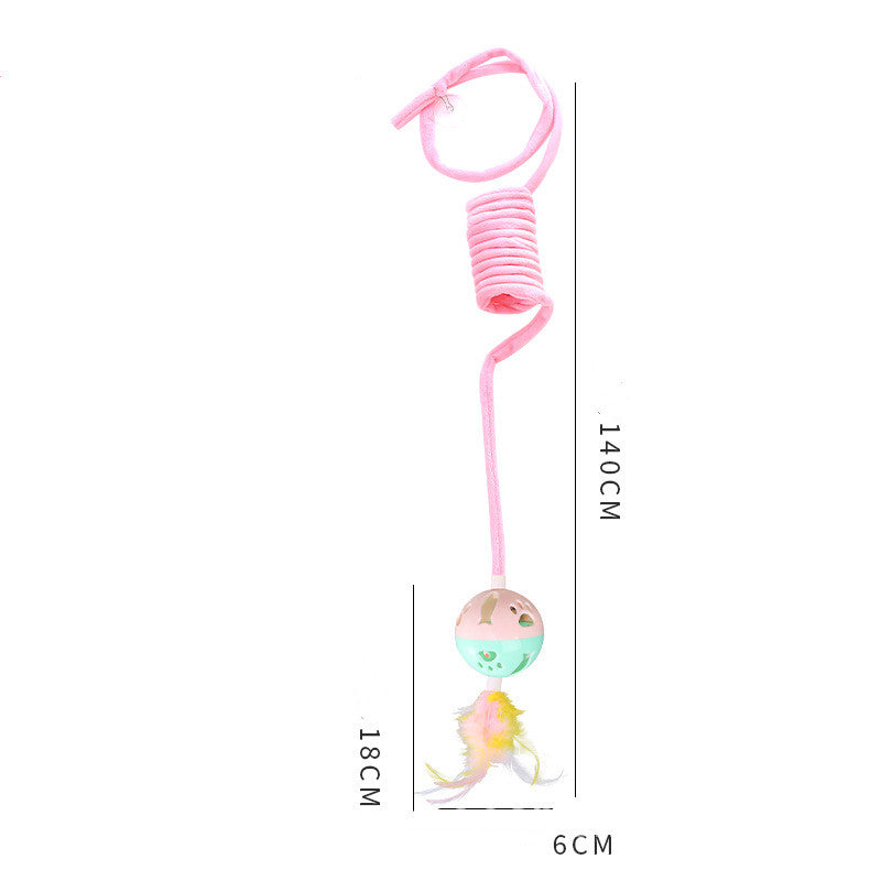 Cat spring toy wand with pink coil and small hanging animal charm