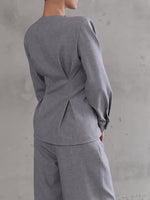 Light gray top and wide-leg pants set, back view with waist seam