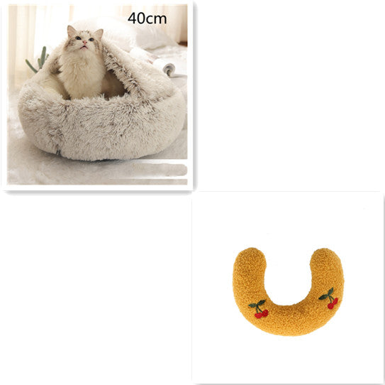 U-shaped plush cushion for pet bed, mustard yellow with decorative details