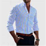 Men's striped button-up shirt, spread collar, long sleeves, vertical blue-and-white stripes