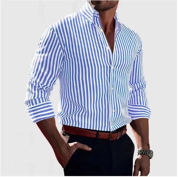 Men's striped button-up shirt, spread collar, long sleeves, vertical blue-and-white stripes
