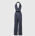 Navy pinstripe sleeveless suit vest with high-waist wide-leg pants