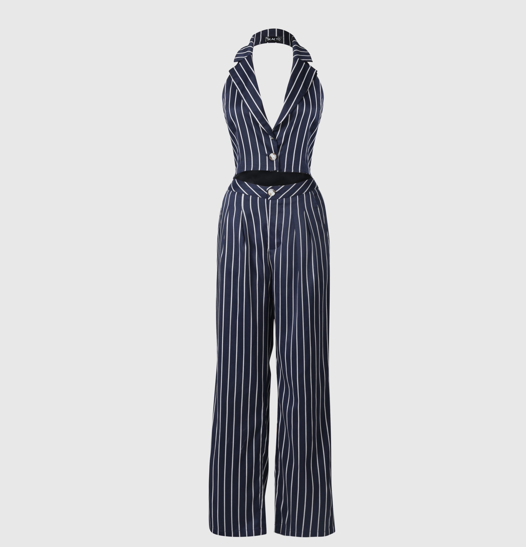 Navy pinstripe sleeveless suit vest with high-waist wide-leg pants