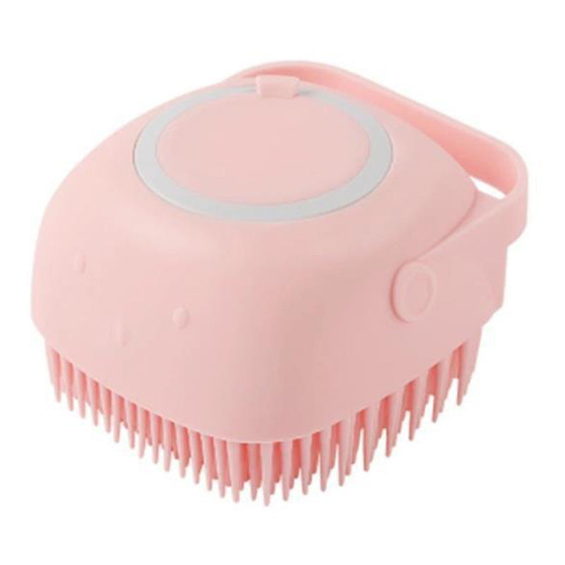Pink silicone pet bath massage brush with oval pad and short rubber bristles