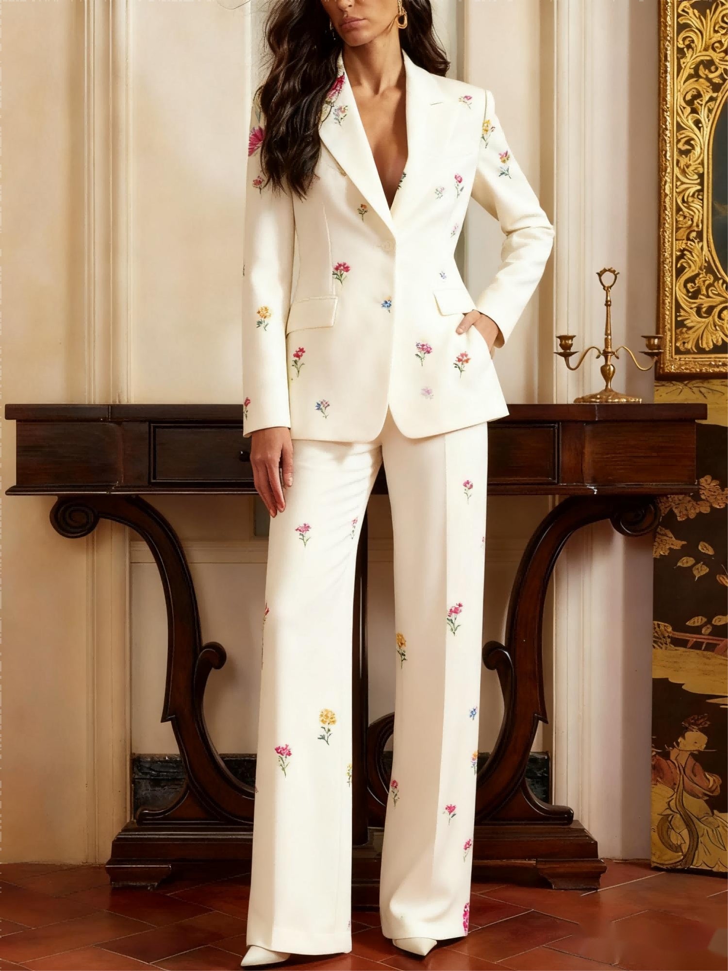 Traje de 2 piezas de blazer y pantalón con estampado de una hilera de botones