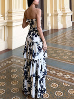 Strapless Ruffle Maxi Dress – Vibrant Print, Summer Vacation