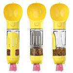 Yellow 3-in-1 portable dog water bottle with stainless chamber and attached poop-bag dispenser