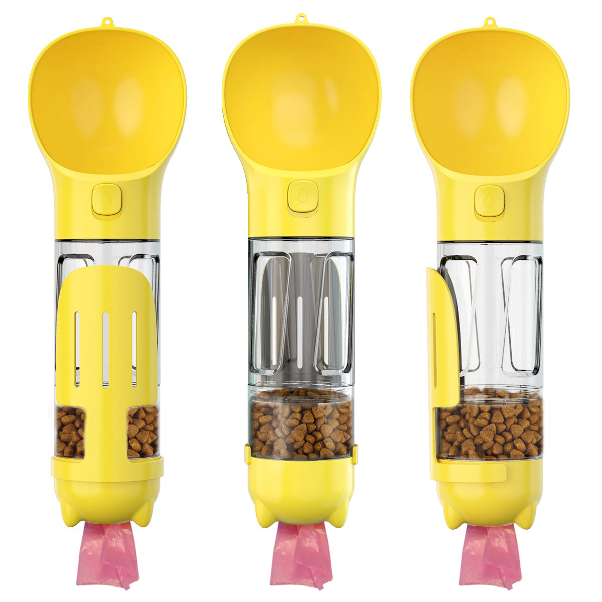 Yellow 3-in-1 portable dog water bottle with stainless chamber and attached poop-bag dispenser