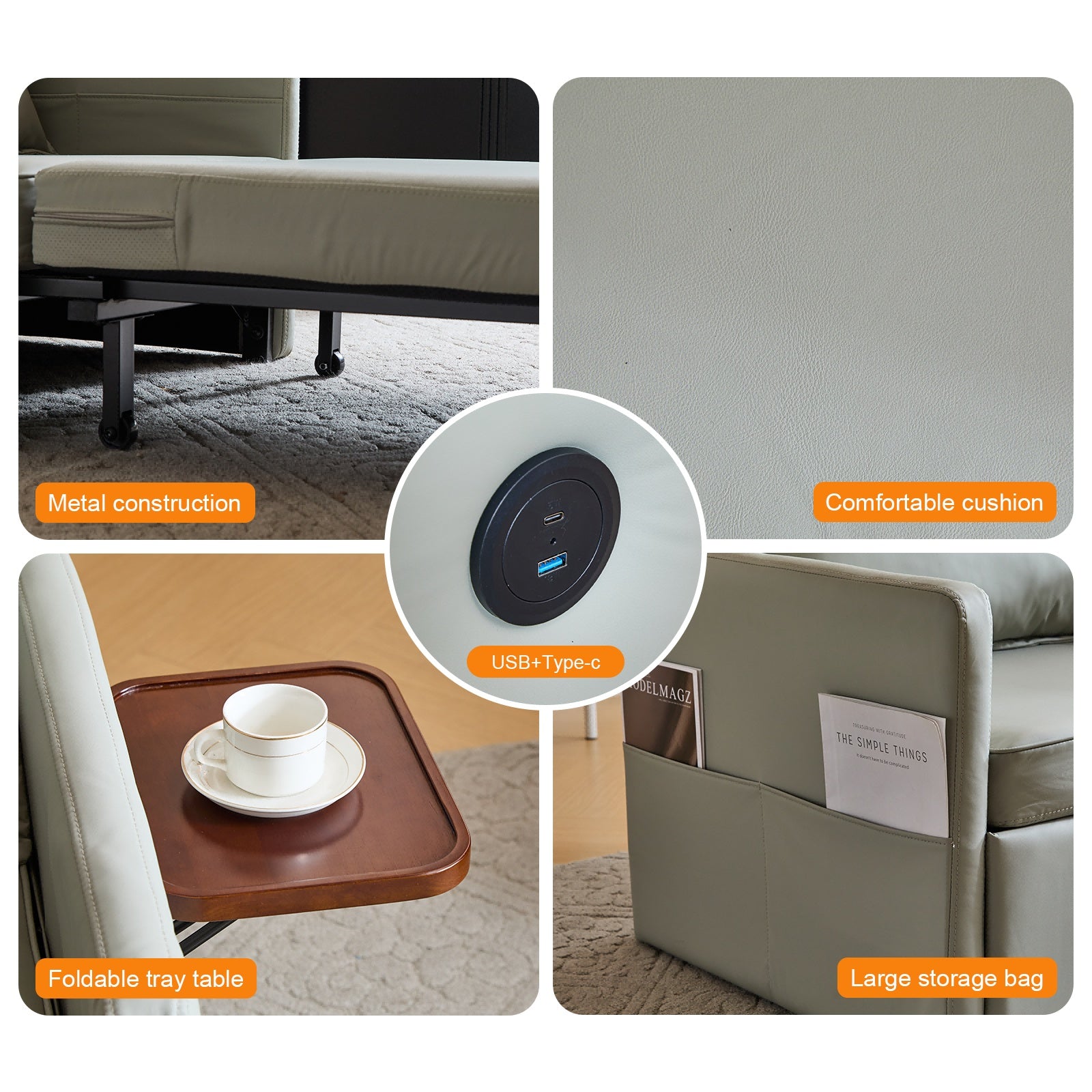 Adult Sleeper Chair Bed, 3-in-1 Convertible Sofa Chair Bed Pull-out Sofa Bed, Convenient Folding Tray Table With USB And Type-C Charging Ports For Living Room Cannot Be Sold On Temu