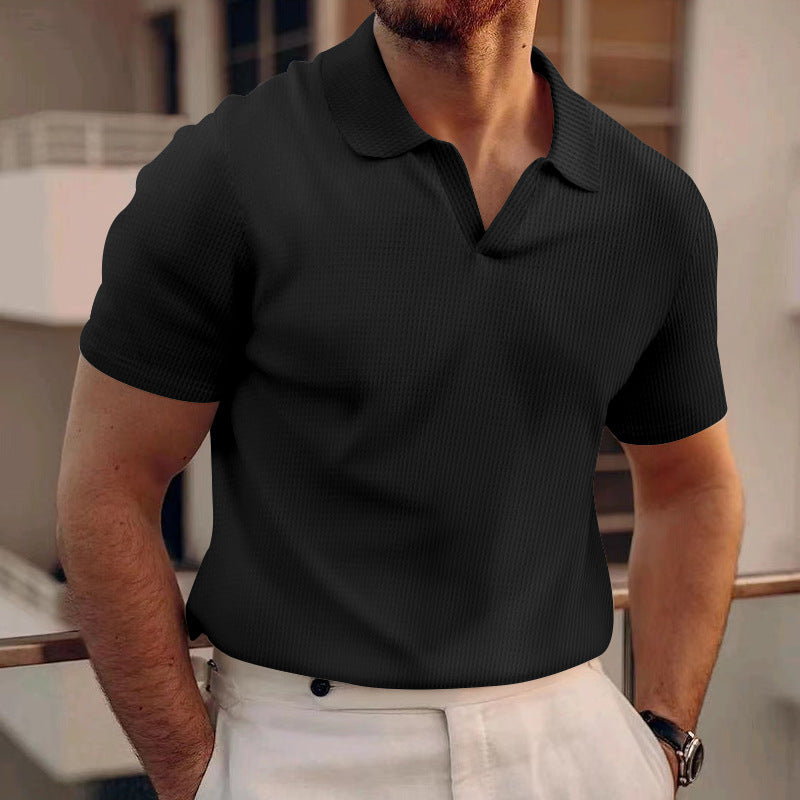 Men's waffle V-neck polo shirt, short sleeves, black with button placket and textured knit
