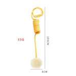 Cat spring toy wand with yellow coil and fluffy white pom ball