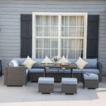 9-Seater Garden Rattan Furniture Set – 10-Piece Outdoor Sofa Set, Grey & Dusty Blue