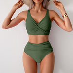Green high-waist bikini set with twist-front bralette and ruched high-rise bottom