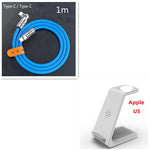 Wireless charging stand with white phone dock and blue 1m cable with Type-C end.