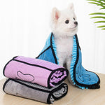 Pet microfiber bathrobe towel, purple and blue rolled towels with paw patch and black trim