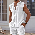 Men's white sleeveless crew-neck tank top and matching shorts set, button front