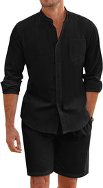 Long-sleeve button shirt and shorts set, black with chest pocket and button front