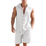 Men's sleeveless two-piece set in white, hooded button-front shirt and matching shorts.
