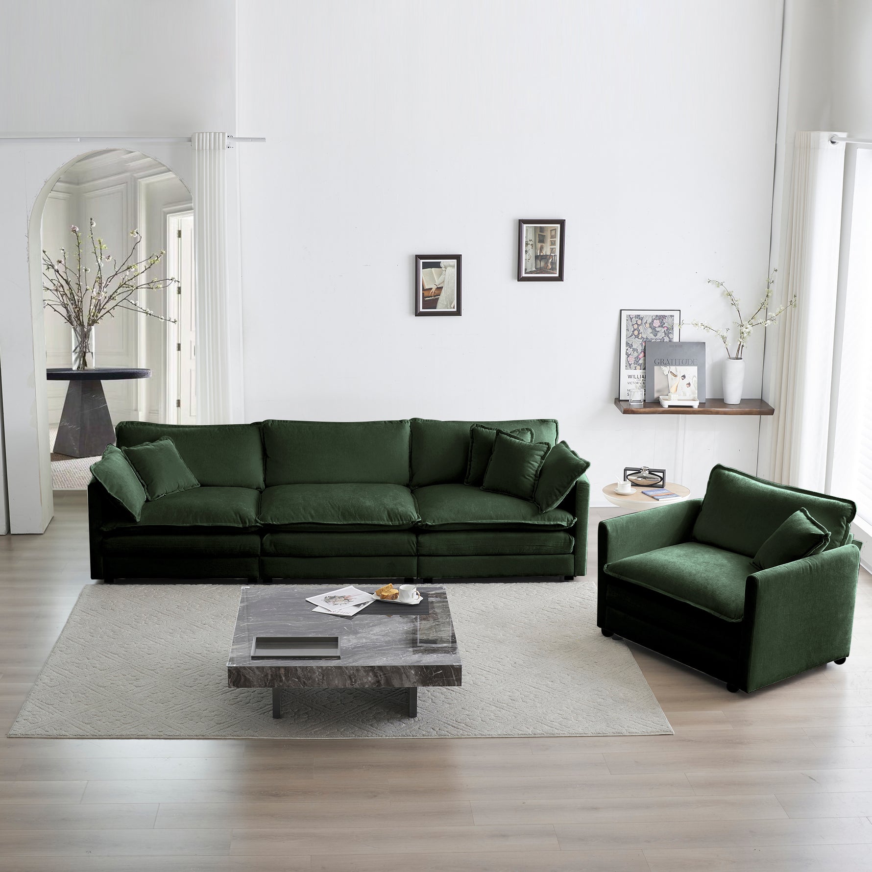 Sofa Set Of 3, 1-1-3 Seats Living Room Sofa Set, Accent Chair, Loveseat, And Three-Seat Sofa Modern Style Round Arms 3 Piece Sofa Set, Green Chenille