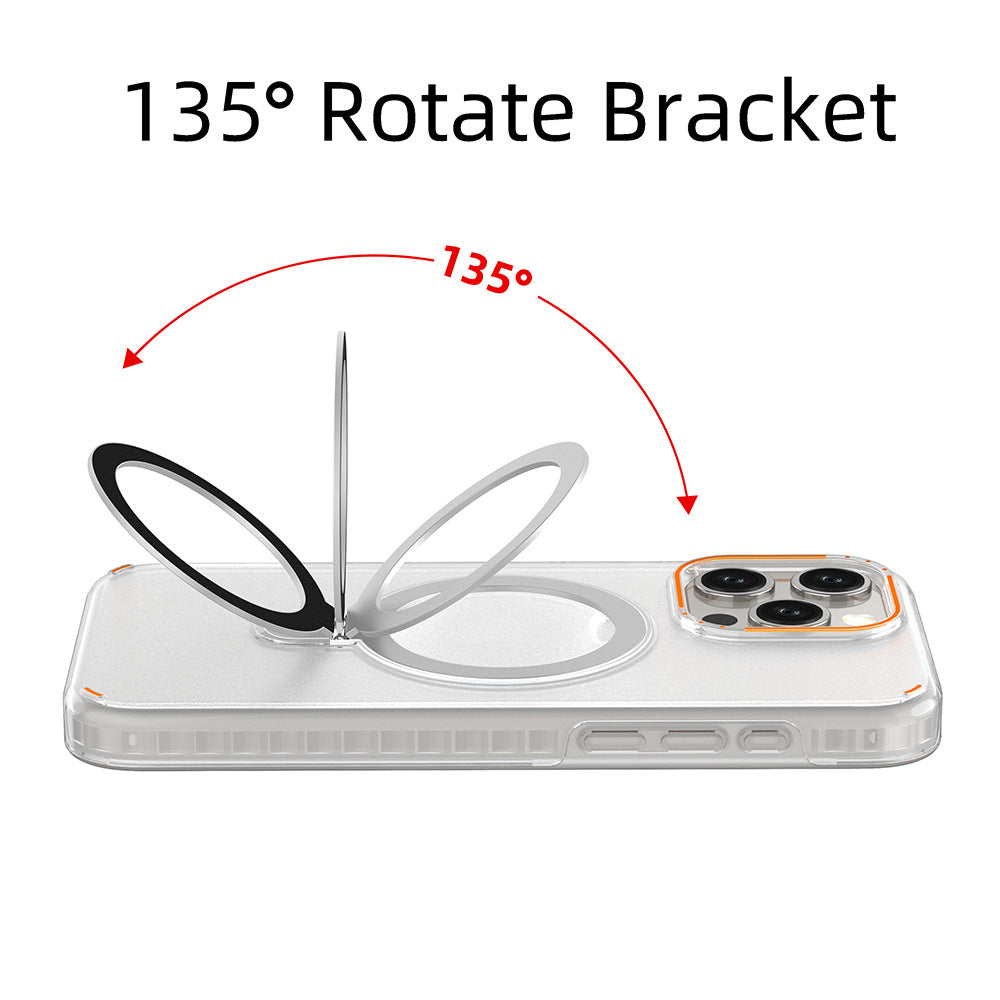 Clear phone case with magnetic ring stand, rotated bracket, and camera cutouts