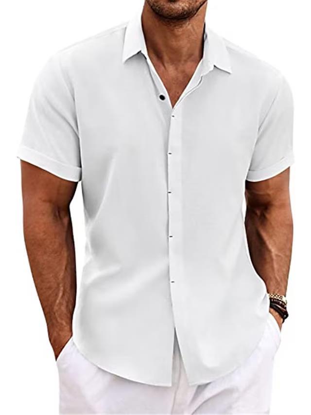White men’s linen-style stand collar short sleeve t-shirt with button front placket