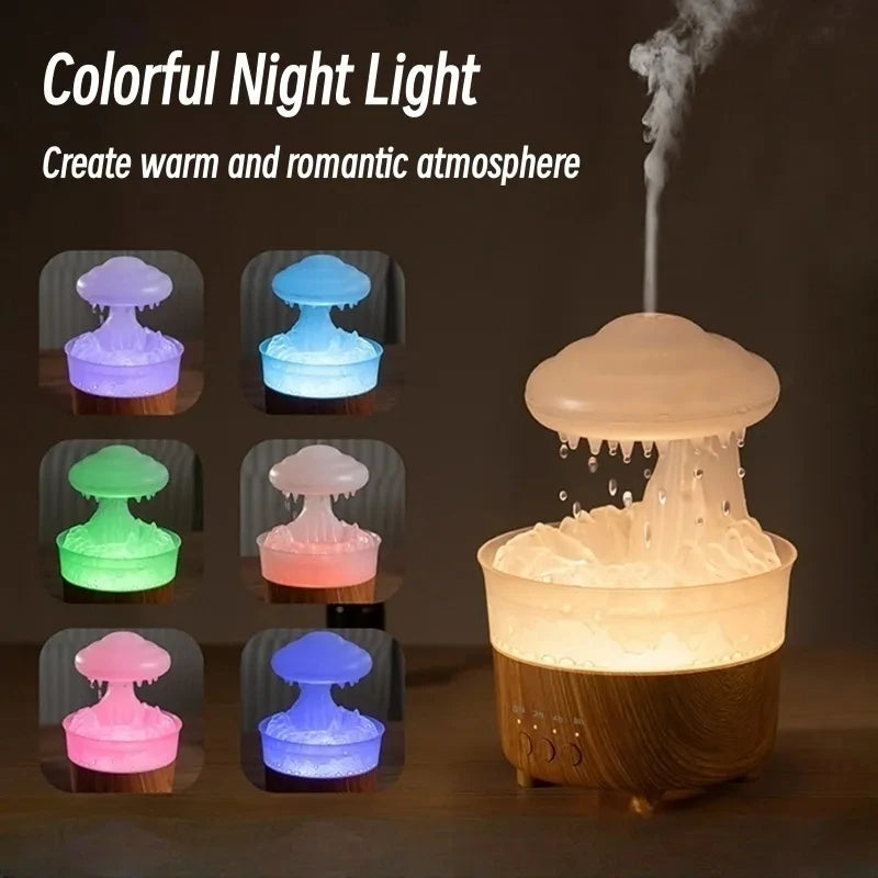 Humidificador de luz nocturna Nube de lluvia con sonido de gotas de agua y luz LED de 7 colores, difusor de aceites esenciales, aromaterapia