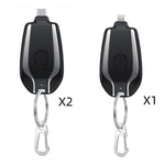 Set of black mini keychain chargers: one with Type-C and one with Lightning connector
