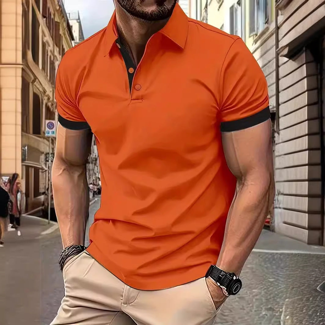 Men's short-sleeve polo shirt, orange with black collar and sleeve trim
