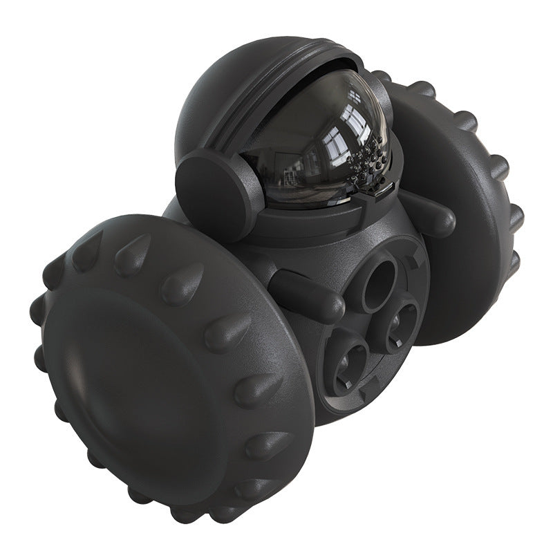 Interactive slow feed pet toy in dark gray/black with textured balance-ball sides