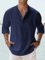 Men's cotton-linen pullover shirt, stand collar, long sleeves, navy blue button placket