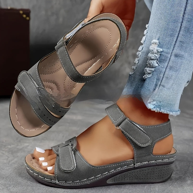 Velcro sandals with thick sole, gray upper, open toe and ankle strap