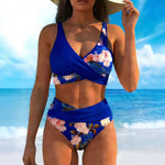 Blue and white floral wrap bikini set with high-waist bottoms